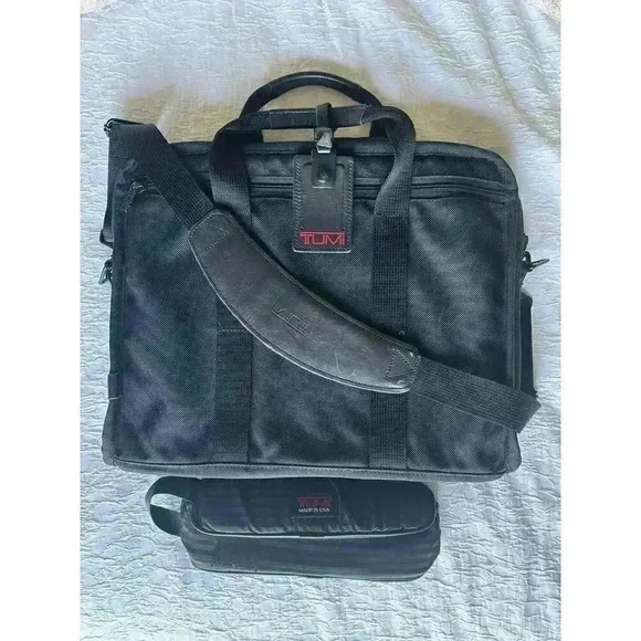 TUMI Black Nylon Canvas Laptop Messenger Portfolio Bag & TUMI Cord Pouch - Picture 1 of 11